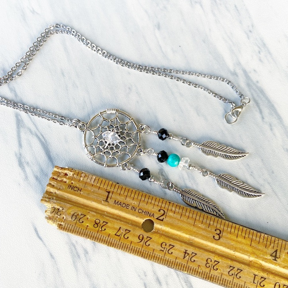 Dream catcher necklace . Herkimer diamonds turquoise gemstone boho jewelry - Picture 8 of 9